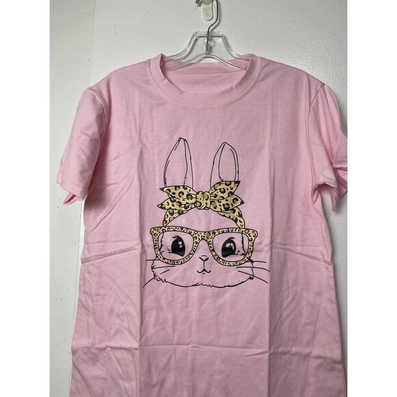 Bunny T-Shirt Women's Size M Pink Leopard Glasses Easter Bunny Graphic Tee - Picture 6 of 11